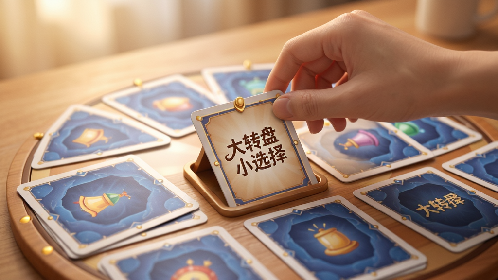 展示大转盘小选择翻牌模式的界面,桌面上整齐排列着多张背面图案统一的卡片,一只手正准备翻开其中一张,卡片正面显示“大转盘小选择”字样,背景是柔和的光线,画质细腻,无多余元素。