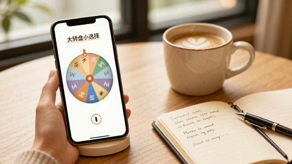 大转盘小选择使用场景图,手机屏幕显示转盘页面,旁边有咖啡杯和笔记本,暗示日常决策场景,整体色调温暖,画面干净,带文字“大转盘小选择”。