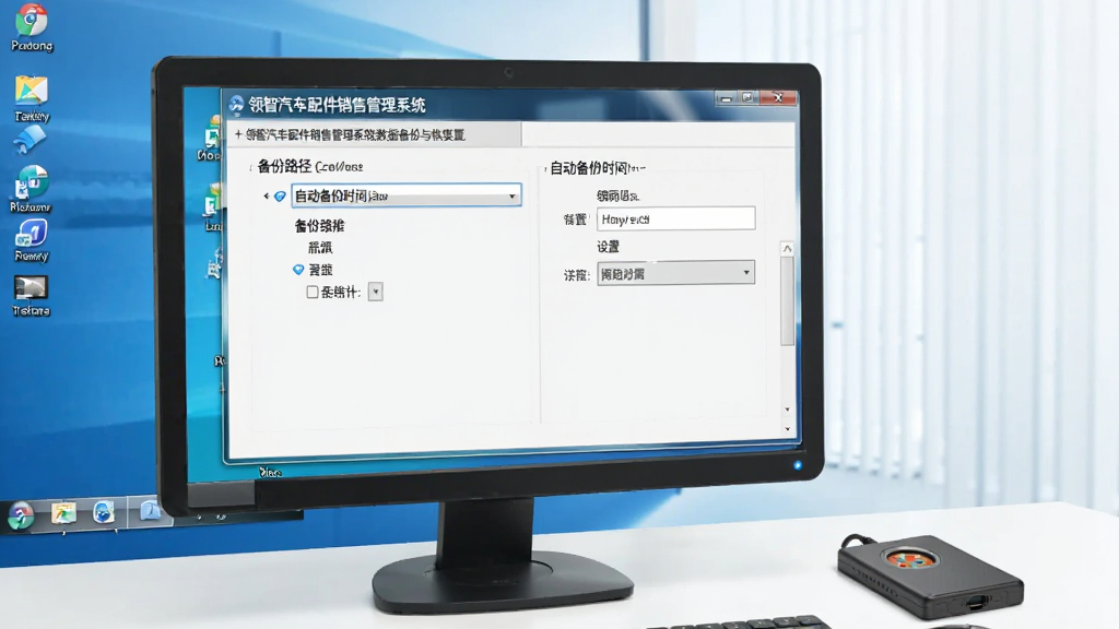 领智汽车配件销售管理系统数据备份与恢复设置界面,屏幕上显示备份路径选择与自动备份时间设置,背景为电脑桌面和移动硬盘,画面简洁,干净无多余元素