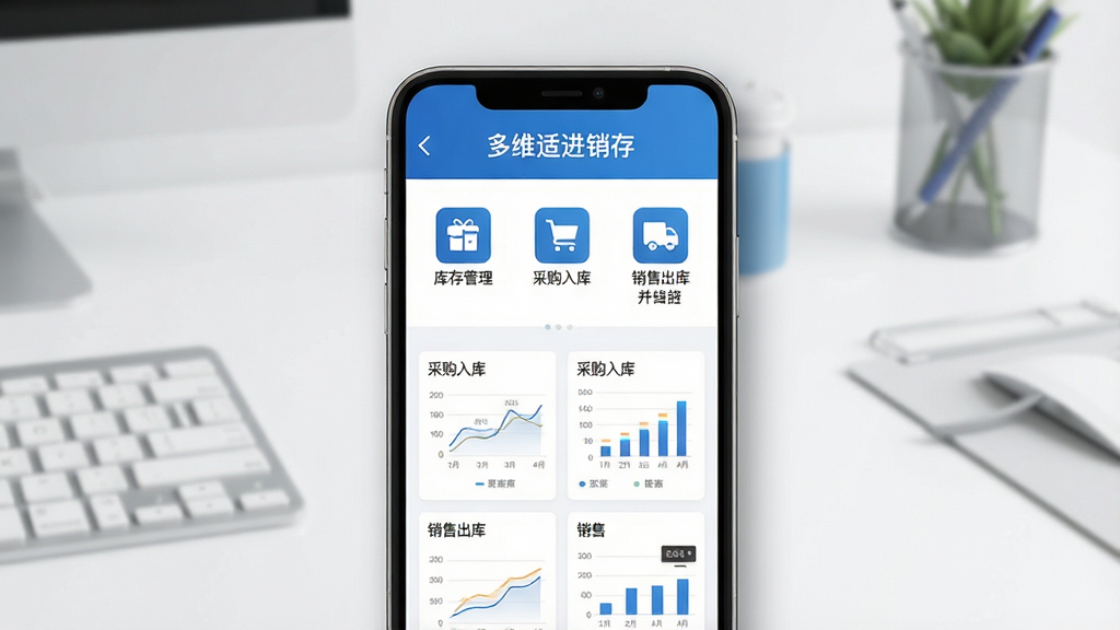主体:多维适进销存软件界面展示,手机屏幕显示库存管理、采购入库、销售出库等核心功能模块,背景为整洁的办公桌面。布局:手机居中,屏幕内容清晰可见,周围留白。排版:界面图标排列整齐,色彩以蓝色和白色为主。风格:现代简约商务风,扁平化设计。细节:屏幕中显示“多维适进销存”字样及数据图表,手机边缘有柔和阴影。画质:高清渲染,干净无多余元素。