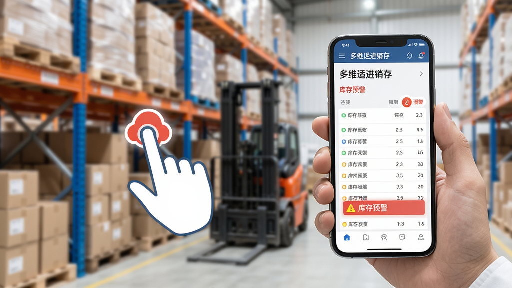 主体:用户手持手机使用多维适进销存进行库存管理,屏幕显示库存列表和预警提示。布局:手机位于画面右侧,左侧为操作手势示意。排版:界面简洁,数据清晰。风格:写实摄影风格,办公场景。细节:屏幕显示“多维适进销存”和“库存预警”红色标记,背景为仓库货架。画质:高清,明亮干净。