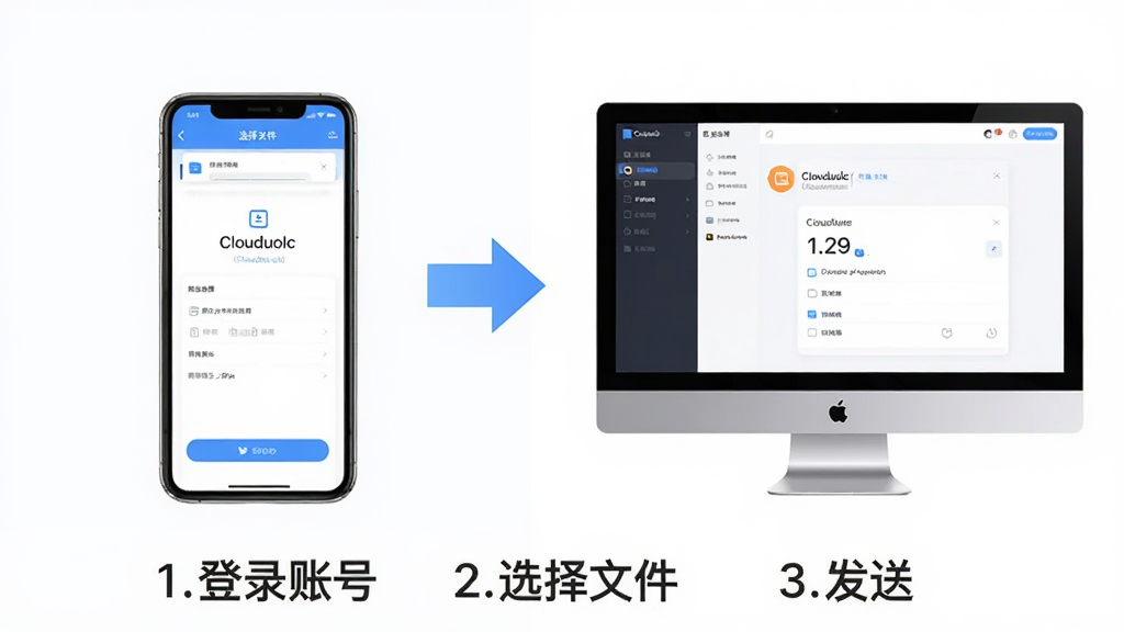端端(Clouduolc)使用教程示意图,画面分为左右两部分,左侧为手机端操作界面截图,右侧为电脑端操作界面截图,中间用箭头连接,底部配有文字说明“1.登录账号 2.选择文件 3.发送”,整体风格简洁明了,高画质,干净无多余元素。