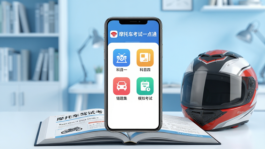画面主体为一部智能手机屏幕正中央显示“摩托车考试一点通”APP主界面,界面中有科目一、科目四、错题集、模拟考试等彩色功能图标,手机下方摆放一本打开的摩托车驾考教材和一顶摩托车头盔,背景为浅蓝色渐变的现代化书房,布局居中,排版清晰,风格写实明亮,细节包括屏幕上的应用图标和文字“摩托车考试一点通”,画质高清,干净无多余元素。