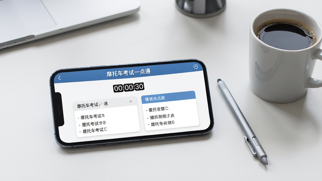 画面主体为智能手机横屏显示“摩托车考试一点通”的模拟考试界面,屏幕上有倒计时和答题卡,旁边放着一支触控笔和一杯咖啡,背景为简约办公桌,布局清晰,风格写实,细节包括屏幕上的题目和选项文字,画质高清,干净无多余元素。