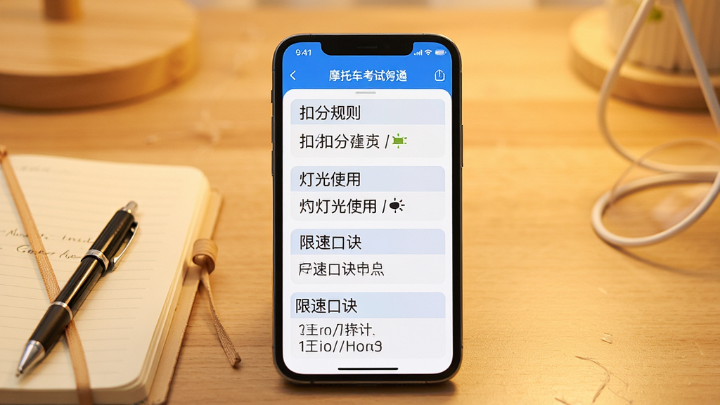 画面主体为一部智能手机屏幕显示摩托车考试一点通APP中的速记口诀列表,列表项为“扣分规则”“灯光使用”“限速口诀”等,手机旁边放着一本笔记本和一支笔,背景为暖色调的书桌,布局居中,风格简洁明亮,细节包括口诀文字,画质高清,干净无多余元素。
