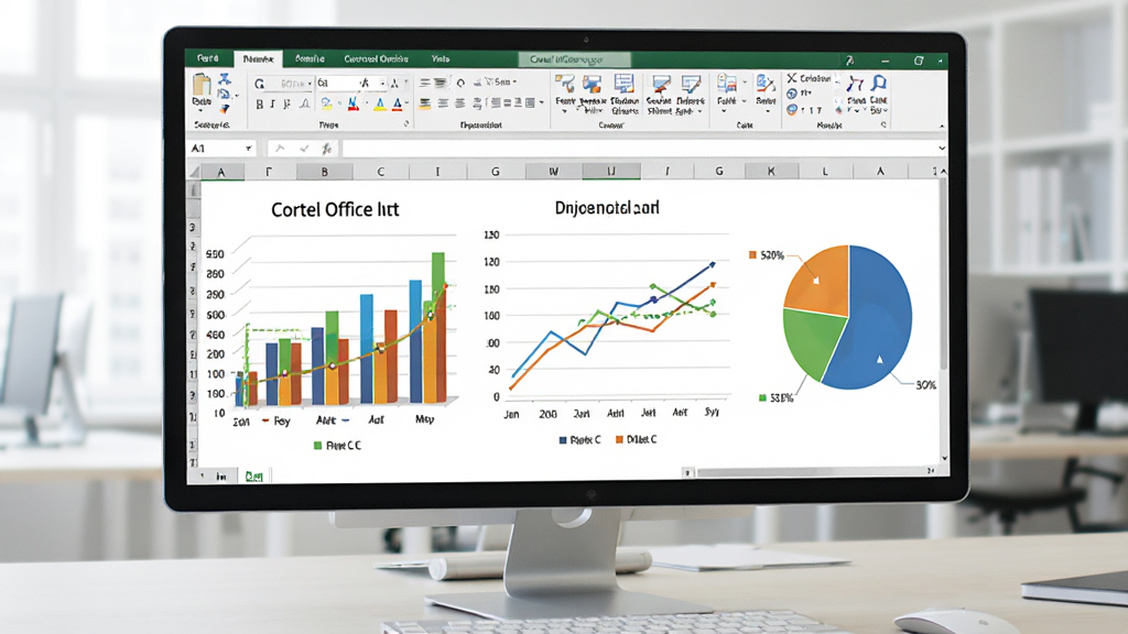 Corel Office���ӱ�����棬��Ļ����ʾһ�����ж�̬ͼ�����Ǳ��̣�������״ͼ������ͼ����ͼ��ɫ�����ޣ���������������Ϊ�칫���棬�����������ɾ��޶���Ԫ��