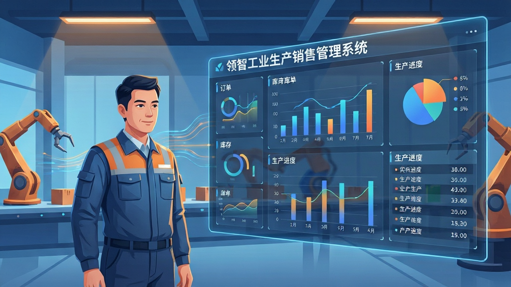 画面主体为一位身着工装的企业管理者站在数字化工厂中央,面前悬浮着半透明的全息投影界面,界面清晰显示“领智工业生产销售管理系统”字样及订单、库存、生产进度等动态图表。布局采用中心构图,管理者位于画面左侧三分之一处,右侧大面积为系统数据看板。排版上,看板数据模块化排列,包含柱状图、饼图与实时滚动列表。风格为现代科技感插画,冷蓝色与暖橙色灯光交织,细节上突出数据线条流动与机械臂运作背景。画质高清,干净,无多余元素。