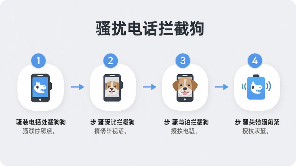 手机操作演示流程图,分步骤展示“骚扰电话拦截狗”的安装与授权过程,图标风格,背景为浅灰色,步骤以数字圆圈标识,每一步骤下方有简短说明文字,画面简洁明快,突出“骚扰电话拦截狗”的品牌标志,高清干净