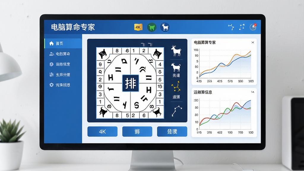 主体:电脑算命专家软件的运行界面,屏幕上显示着八字排盘和运势曲线图。布局:界面中央为主面板,周围有功能按钮和结果展示区。排版:清晰的分栏结构,左侧为导航菜单,右侧为详细信息。风格:现代简约科技风,蓝白主色调。细节:屏幕中显示“电脑算命专家”字样,配有生肖、星座图标,数据图表清晰可读。画质:4K高清,干净,无多余元素。