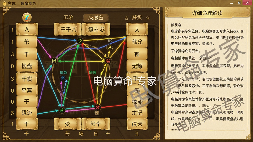 主体:电脑算命专家软件的八字排盘功能页面。布局:页面左侧为八字干支排列,右侧为详细的命理解读文字。排版:上下结构,上方为排盘图表,下方为文字说明。风格:古典雅致与科技感结合,暖金色调。细节:八字四柱清晰标注,五行生克关系用彩色连线表示,文字区域有“电脑算命专家”水印。画质:高清细腻,干净整洁,无多余元素。