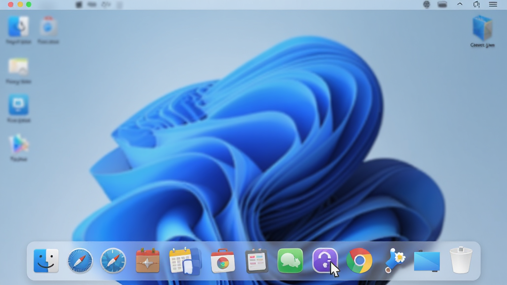 ObjectDock����������������Ч��ͼ��չʾһ��Windows�������棬��Ļ�ײ���һ������Mac��Dock�����������������Ÿ��ֲ�ɫͼ�꣬�����ͣʱͼ��Ŵ󣬱���Ϊ��͸��ĥɰ�����ʸУ���������ˬ���������ִ�ʱ�У��߷ֱ��ʣ����ʸɾ����޶���Ԫ��