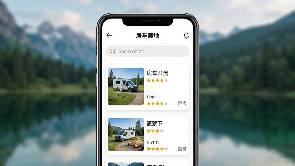 手机应用界面截图预览图,主体是一部智能手机,屏幕显示“房车美地”APP的营地搜索列表页面,页面布局清晰,上方是搜索栏,下方以卡片形式展示营地信息,包含营地实景缩略图、名称、评分和距离。手机背景为模糊处理的自然风景,整体风格简洁现代,界面设计精致,色彩清新,画质细腻,干净无多余元素