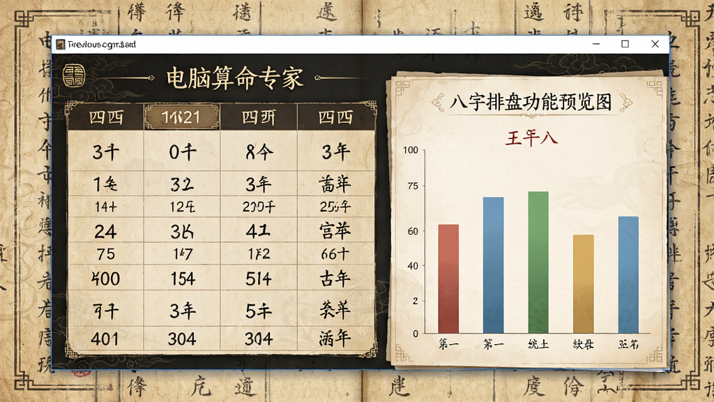 电脑算命专家八字排盘功能预览图,画面主体为软件界面中详细的八字四柱表格与五行统计柱状图,背景为古风纸质命书纹理,排版规整,风格古朴典雅,细节饱满,画质高清,干净,无多余元素