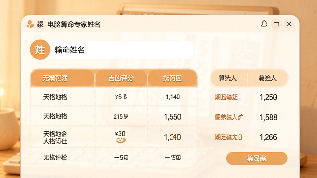电脑算命专家姓名分析功能截图,画面展示软件中输入姓名后生成的天格地格人格表格及吉凶评分,背景采用温馨的暖色调,界面图标圆润,排版清晰,风格现代简约,画质细腻,干净,无多余元素