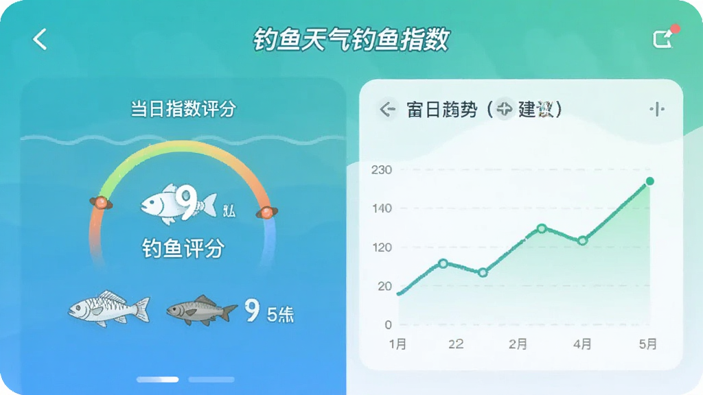 钓鱼天气app钓鱼指数页面,显示当日指数评分与建议,配有鱼群图标与趋势图表,界面直观,色彩清新,画质清晰,干净无多余元素