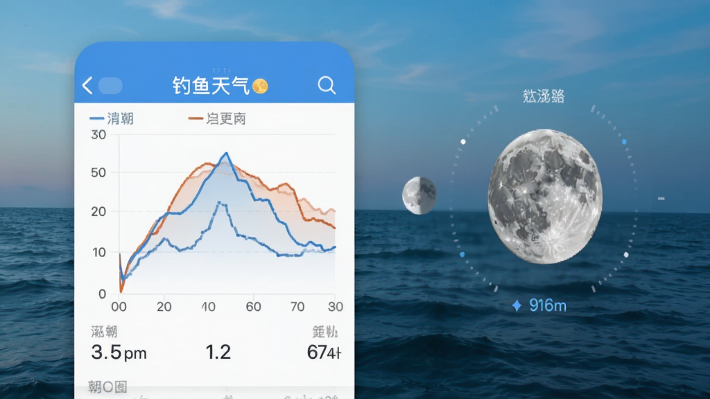 钓鱼天气app潮汐预报界面,显示潮高曲线与月相图标,海洋背景,数据标注清晰,风格简洁,画质高清,干净无多余元素