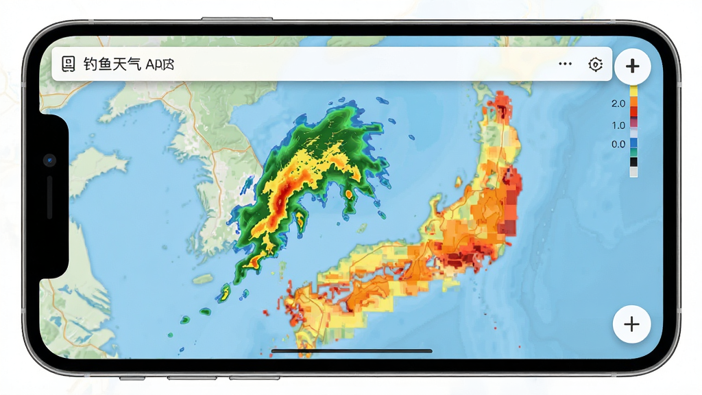 钓鱼天气app地图天气图层,显示降雨雷达与温度色块,地图可交互,图层清晰,风格专业,画质高清,干净无多余元素