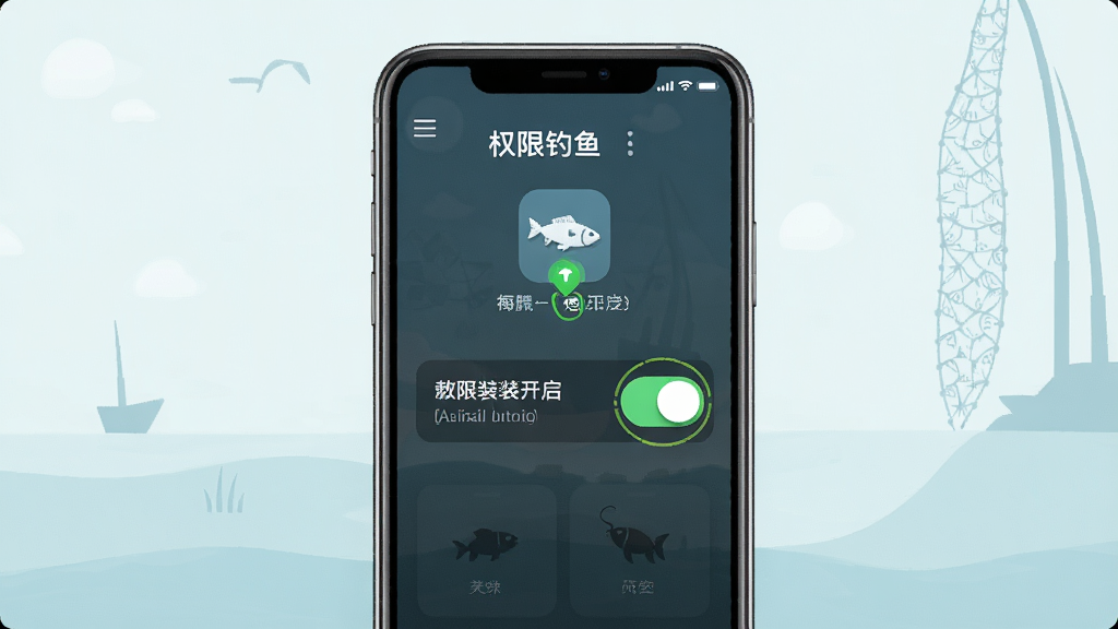 钓鱼天气app安装教程示意图,手机屏幕显示权限开启步骤,界面高亮位置开关,背景简洁,步骤清晰,画质高清,干净无多余元素