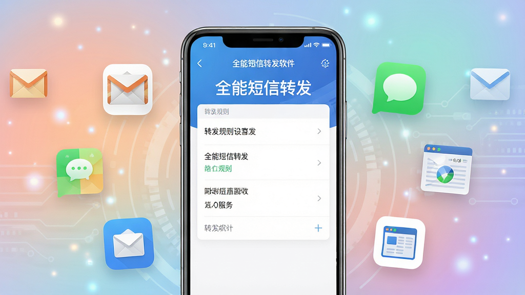 主体为一部正在运行全能短信转发软件的智能手机,屏幕显示清晰简洁的转发规则设置界面,周围环绕着邮件、即时通讯、网页服务等图标。布局为手机居中,背景为柔和的渐变色科技感光效。排版注重信息层级,突出软件名称“全能短信转发”。风格现代简约,细节丰富,画质高清干净,无多余元素。