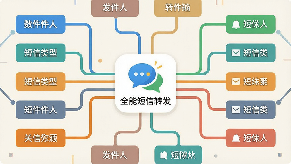 一幅扁平化风格的功能示意图,中央是“全能短信转发”的Logo,四周延伸出多条不同颜色的线条,分别连接着标有关键词、发件人、短信类型等标签的卡片。布局清晰直观,背景为浅色。排版强调逻辑关联,风格简洁明快,细节处理精致,画质干净,无多余元素。