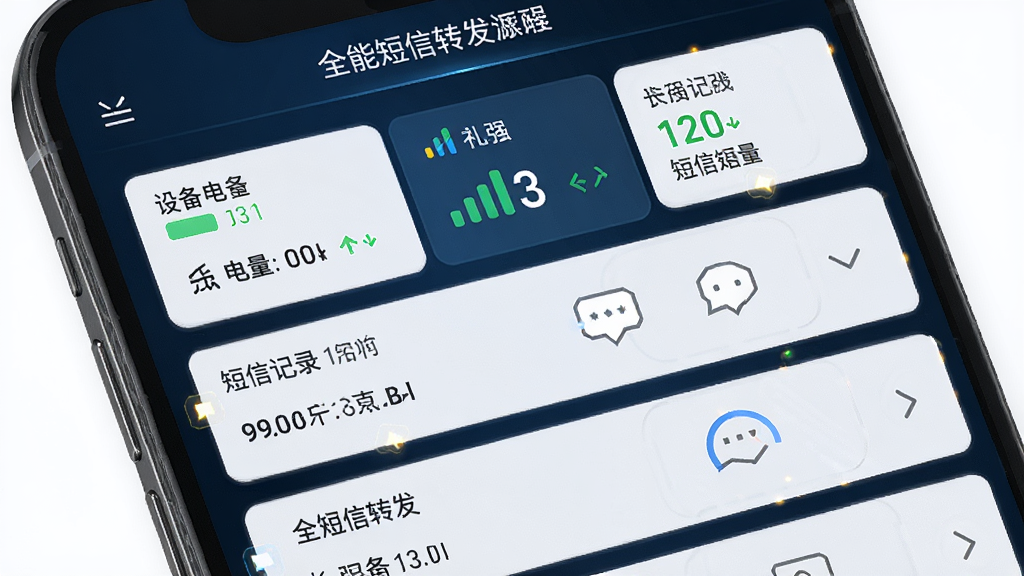 手机截图风格图片,展示“全能短信转发”的远程控制面板,包含设备电量、信号强度、短信记录等卡片。布局为列表式,背景为深色科技蓝。排版规整,风格写实,细节突出远程控制功能,画质清晰,无多余元素。