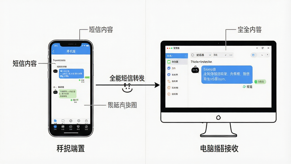 一张清晰的操作流程图,包含手机和电脑两个设备,通过“全能短信转发”软件将短信内容同步至多个终端。布局为左右对比式,左为手机端设置界面,右为电脑端接收界面。风格为简洁的线条勾勒,细节标注明确,画质高清,无多余元素。
