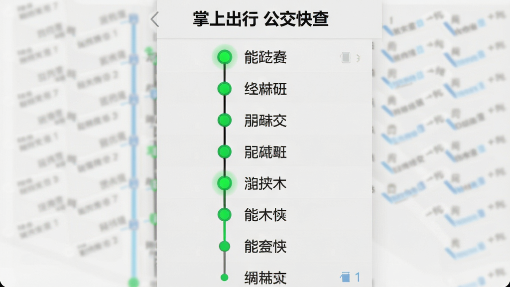 画面主体为手机APP线路详情页截图,界面展示“掌上出行公交快查”中某条公交线路的完整站点列表,站点名称以纵向时间轴形式排列,当前站点用高亮绿色圆点标记,页面背景为浅灰色,文字黑色清晰,整体排版清晰,扁平化UI设计,画质干净,无多余元素。