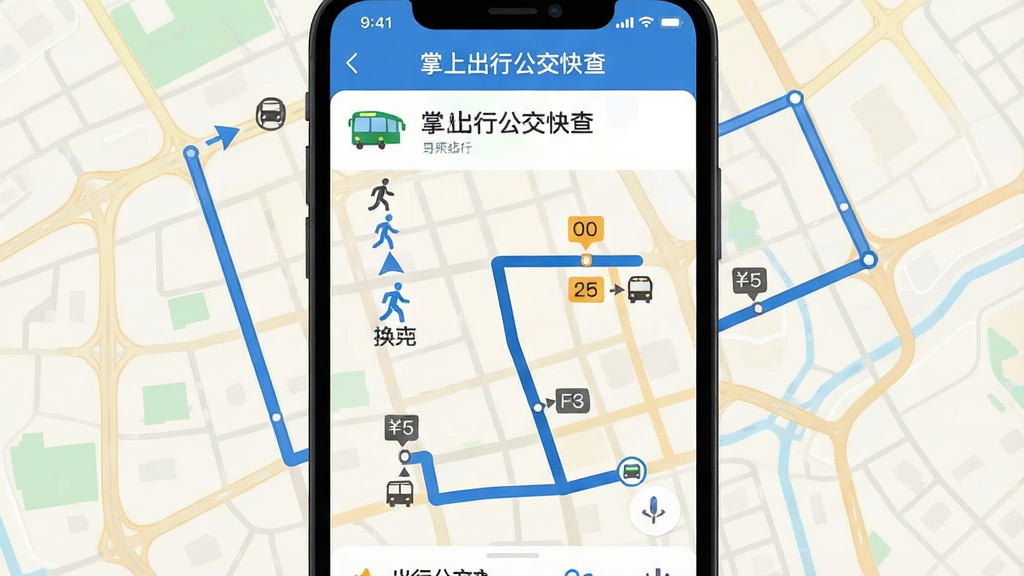 画面主体为城市地图背景上叠加手机APP路线规划结果页,显示“掌上出行公交快查”推荐的换乘方案,包含步行导航箭头、公交线路编号、换乘站点名称,地图为浅色系,线路用蓝色粗线标示,界面信息丰富但条理清晰,扁平化插画风格,画质高,干净无多余元素。