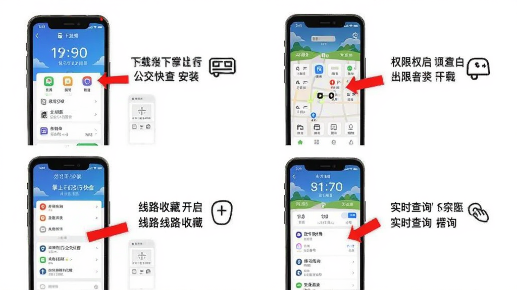 画面主体为手机截图教程示意图,分为四个步骤,分别展示“掌上出行公交快查”的下载安装、权限开启、线路收藏、实时查询界面,每步用红色箭头标注操作位置,背景为纯白色,步骤说明文字为黑色,整体风格为简洁的图文教程排版,画质清晰,干净无多余元素。