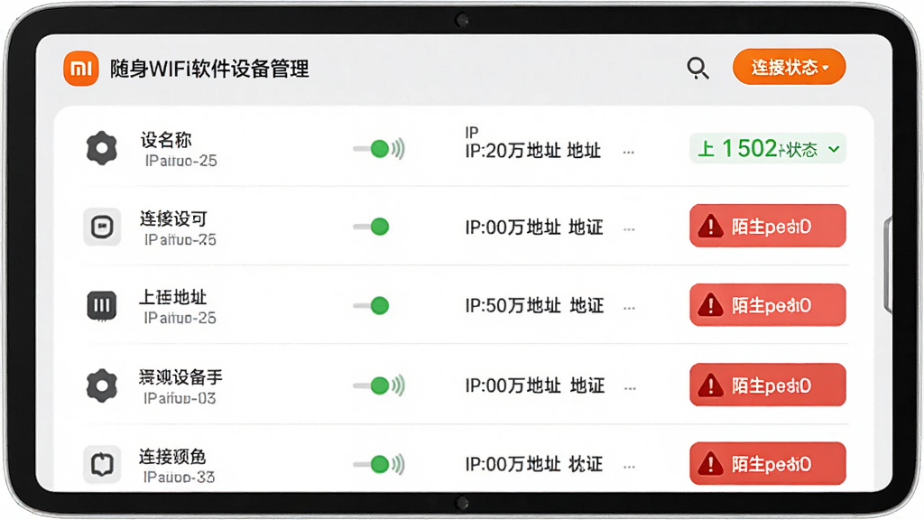 ���壺С������WiFi�����豸����ҳ�棬��ʾ�����豸�б������֣��б���ʽ��ÿ����ʾ�豸���ơ�IP��ַ��������״̬���Ű棺��Ϣ������������ť���ԣ���񣺼�Լʵ�ã����ݿ��ӻ���ϸ�ڣ��������豸��ʾ��ɫ״̬��İ���豸��ʾ��ɫ���棻���ʣ����壬�ɾ����޶���Ԫ��
