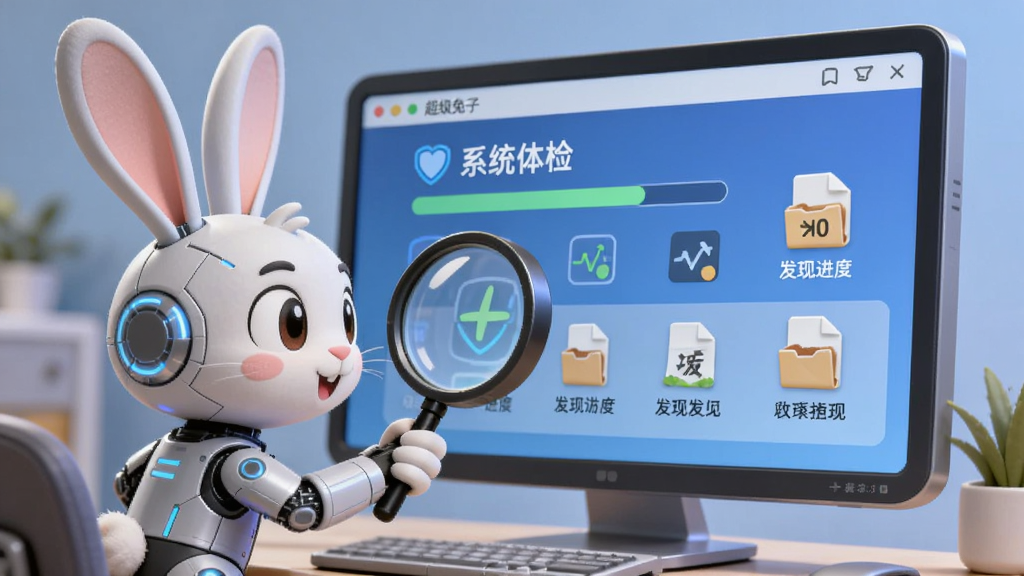 主体为电脑屏幕前一只拟人化的科技兔子正在用放大镜检查系统,屏幕显示“系统体检”界面。布局以电脑屏幕为主体中心,兔子位于屏幕左侧。排版采用左右构图,风格为3D卡通渲染,细节包含扫描进度条和发现的垃圾文件图标,画质干净明亮,无多余元素,带有“超级兔子”文字标识。