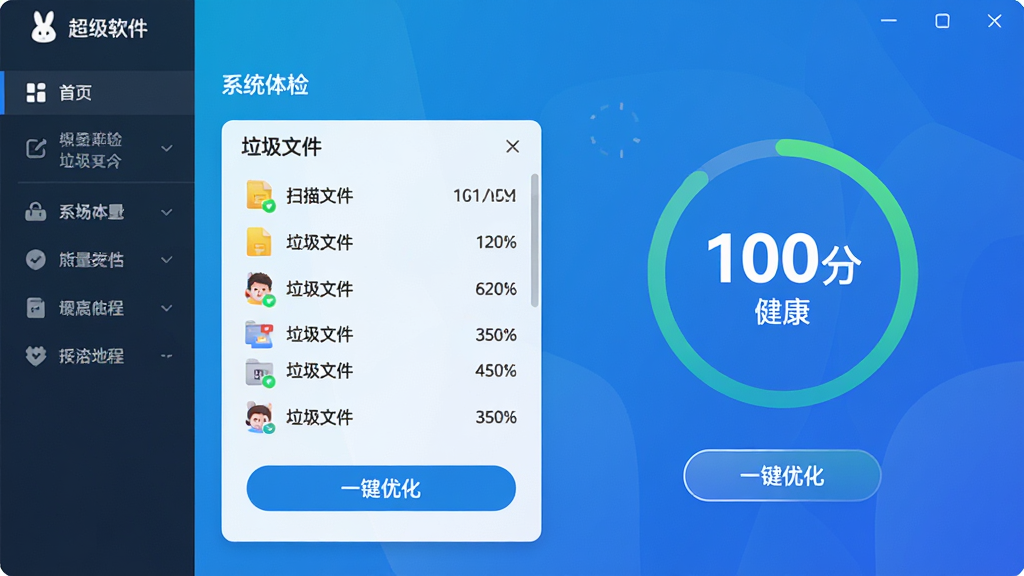 主体为超级兔子软件主界面展示,背景为清爽的科技蓝渐变色调。界面布局清晰,左侧功能导航栏,右侧为系统体检打分圆环,显示“100分健康”字样。排版干净整洁,风格现代简约,细节包括扫描出的垃圾文件列表和“一键优化”按钮,画质高清,干净无多余元素。