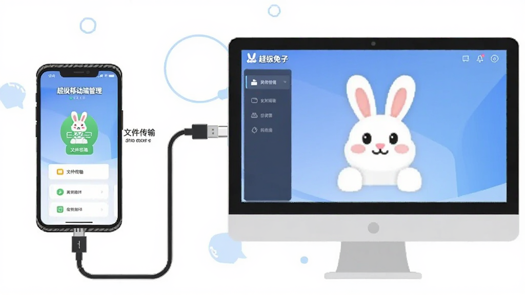 主体为一部智能手机与一台电脑屏幕连接,屏幕显示超级兔子移动端管理界面。布局为左手机右电脑的对称构图。风格为简洁的矢量插画风,细节包含数据线连接和“文件传输”字样,画质干净,无多余元素,带有“超级兔子”标识。