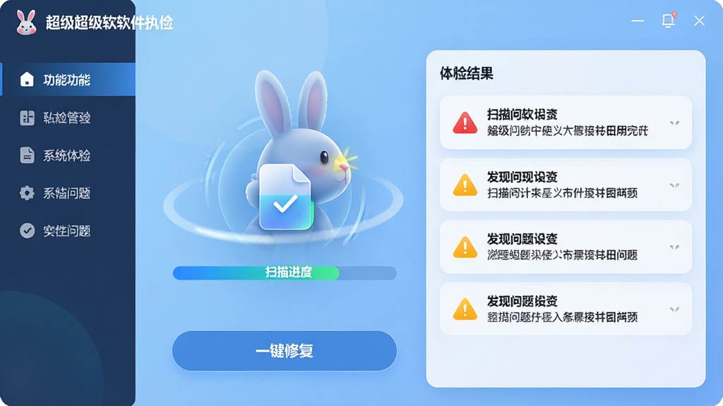 主体:超级兔子软件正在执行系统体检,界面显示扫描进度条和发现的问题列表;布局:左侧为功能导航栏,右侧为体检结果面板,底部为“一键修复”按钮;排版:扫描动画流畅,问题项以列表形式排列,每项前有红色或黄色警示图标;风格:科技感与现代感结合,背景为浅蓝色渐变,卡片圆润;细节:扫描文件图标动态闪烁,问题描述文字清晰,整体画面协调干净;画质:高清画质,细节丰富,画面干净无多余元素