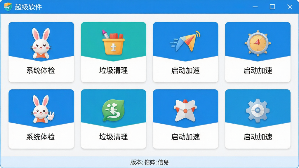 主体:超级兔子软件主界面,展示系统体检、垃圾清理、启动加速等功能图标;布局:采用网格化卡片式布局,每个功能卡片有醒目的图标和中文名称;排版:界面整洁有序,顶部为状态栏,中间为功能区域,底部为版本信息;风格:扁平化设计,色彩明亮清新,以蓝色和白色为主色调;细节:功能图标绘制精细,文字清晰可读,整体画面干净无多余元素;画质:高清渲染,细节丰富,画面干净无多余元素