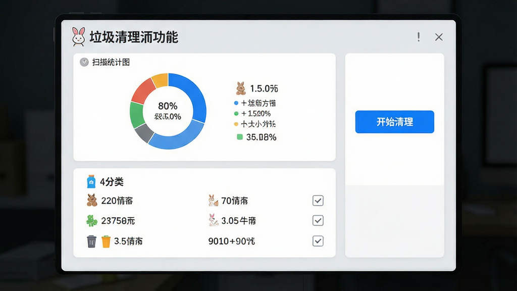 主体:超级兔子垃圾清理功能界面,显示各类垃圾文件类型和大小统计;布局:上方为扫描统计图,下方为分类列表,右侧为“开始清理”按钮;排版:统计图以圆环图展示,分类列表带复选框,底部显示可释放空间总量;风格:简约商务风,背景为浅灰色,卡片白色,文字深灰;细节:每个分类有对应小图标,数字标注清晰,按钮醒目,整体画面整洁专业;画质:高分辨率渲染,细节锐利,画面干净无多余元素
