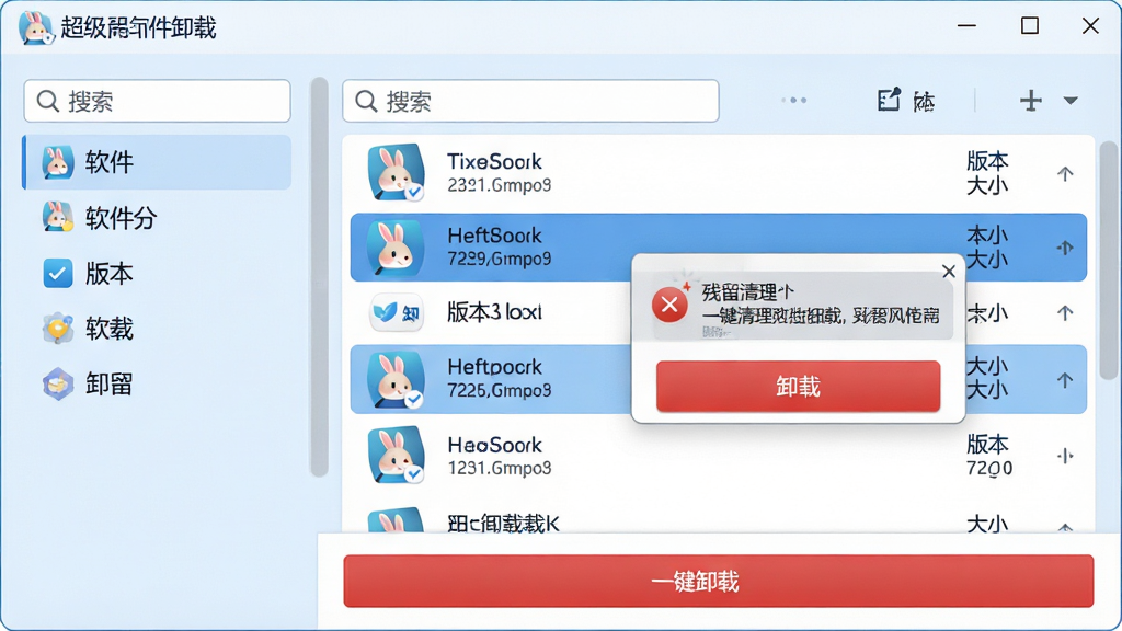 主体:超级兔子软件卸载界面,显示已安装软件列表和“卸载”按钮;布局:左侧为软件分类,右侧为软件图标和名称列表,底部为“一键卸载”按钮;排版:列表支持搜索,每项带有版本号和大小信息,选中后高亮显示;风格:浅色商务风,背景为淡蓝色,卡片白色,文字深蓝;细节:卸载按钮为红色,残留清理提示弹窗设计精致,整体画面干净友好;画质:高清渲染,文字清晰,画面干净无多余元素