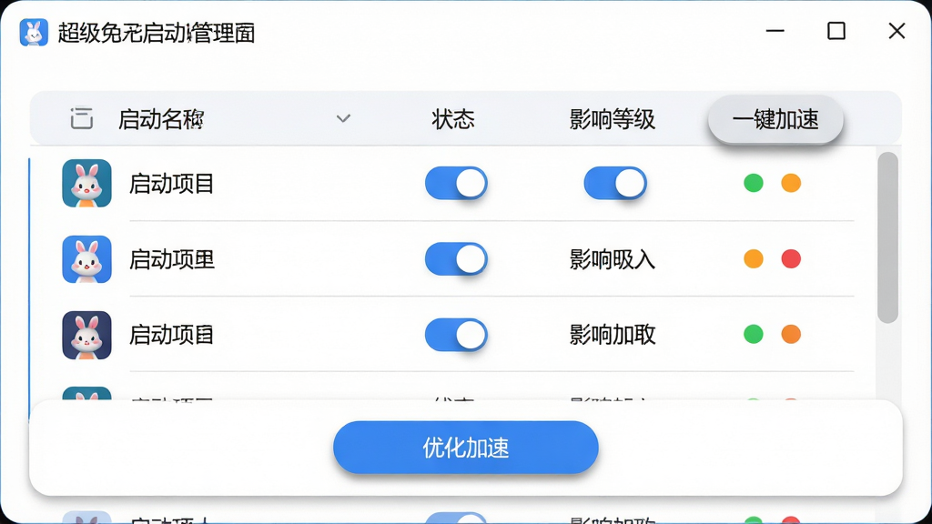 主体:超级兔子启动项管理界面,展示启动项列表及“优化加速”按钮;布局:表格形式列出启动项名称、状态、影响等级,底部为“一键加速”按钮;排版:列表可滚动,每行有开关按钮,影响等级用绿色、橙色、红色圆点表示;风格:清爽简洁,白色背景,蓝色高亮,圆角卡片;细节:启动项图标清晰,文字对齐,按钮有阴影效果,整体画面干净现代;画质:高清画质,界面清晰,画面干净无多余元素
