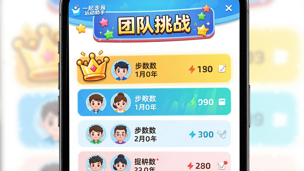主体:排行榜界面,多用户头像与步数排名,顶部“团队挑战”横幅;布局:手机界面全屏展示,排名列表纵向排列;排版:清晰列表,第一名为金色皇冠标识;风格:活泼卡通风格;细节:界面显示“一起走运动助手”Logo,排行榜数据动态刷新;画质:高清,色彩鲜艳,干净无多余元素