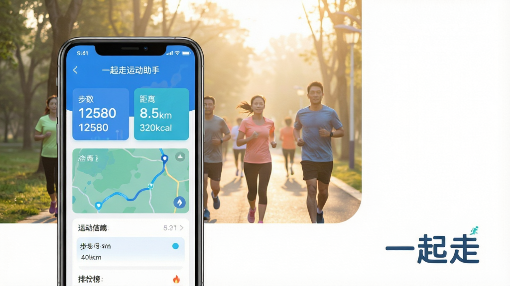 主体:一起走运动助手APP界面展示,手机屏幕显示步数统计、运动轨迹与排行榜,背景为清晨公园健步走的人群,阳光洒落;布局:手机居中偏左,右侧留白,下方有“一起走”字样;排版:简洁清晰,突出APP名称与核心数据卡片;风格:写实与扁平结合,明亮清新;细节:手机屏幕内显示“步数 12580”“距离 8.5km”“消耗 320kcal”,界面蓝色主调;画质:高清渲染,干净无多余元素