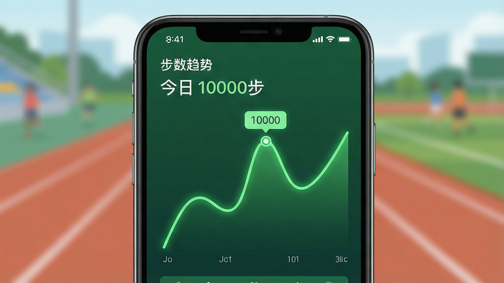 主体:手机特写显示步数曲线图,背景模糊的户外跑道;布局:手机居中,曲线图高亮显示步数波动;排版:数据标签“步数趋势”“今日 10000步”;风格:科技感扁平插画;细节:手机屏幕内绿色主调,曲线平滑;画质:高清,干净无多余元素
