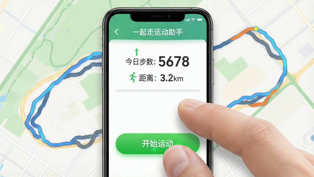 主体:手机操作演示,手指点击“开始运动”按钮,背景为运动轨迹地图;布局:手机居中,手指放大特写;排版:界面显示“一起走运动助手”字样,按钮绿色高亮;风格:拟物化写实;细节:屏幕显示“今日步数 5678”“距离 3.2km”;画质:高清,明亮,干净无多余元素