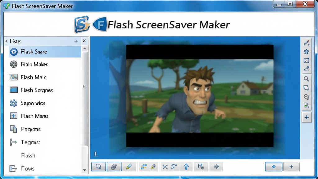 主体:Flash ScreenSaver Maker软件主界面,展示软件logo和名称“Flash ScreenSaver Maker”。布局:居中显示,界面简洁明亮,带有Windows风格窗口边框。排版:左侧为功能列表,右侧为预览区域。风格:现代扁平化设计,色彩以蓝色和白色为主。细节:窗口中显示一个Flash动画预览,周围有工具栏按钮。画质:高清,干净,无多余元素。