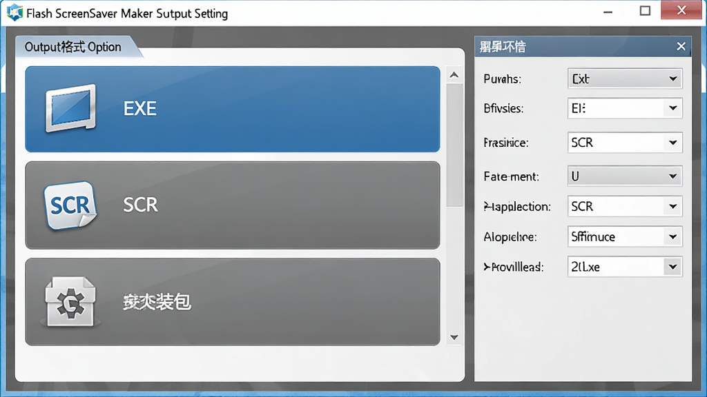 主体:Flash ScreenSaver Maker软件输出设置界面。布局:中央为输出格式选项,右侧为属性设置面板。排版:选项以图标和文字结合方式展示。风格:简洁商务风格,蓝灰配色。细节:显示EXE、SCR、安装包三个选项,图标清晰。画质:高清,干净,无多余元素。