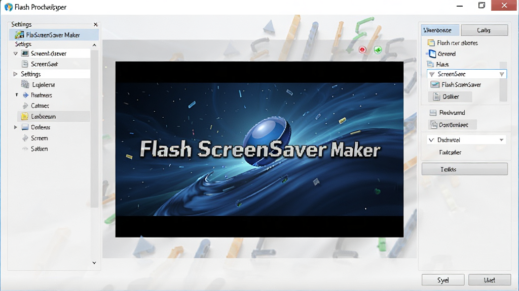 主体:电脑屏幕保护程序设置界面,显示Flash ScreenSaver Maker生成的屏保预览。布局:屏幕中央显示动态画面,周围有设置选项。排版:简洁。风格:高清写实。细节:画面中显示“Flash ScreenSaver Maker”字样。画质:高清,干净,无多余元素。