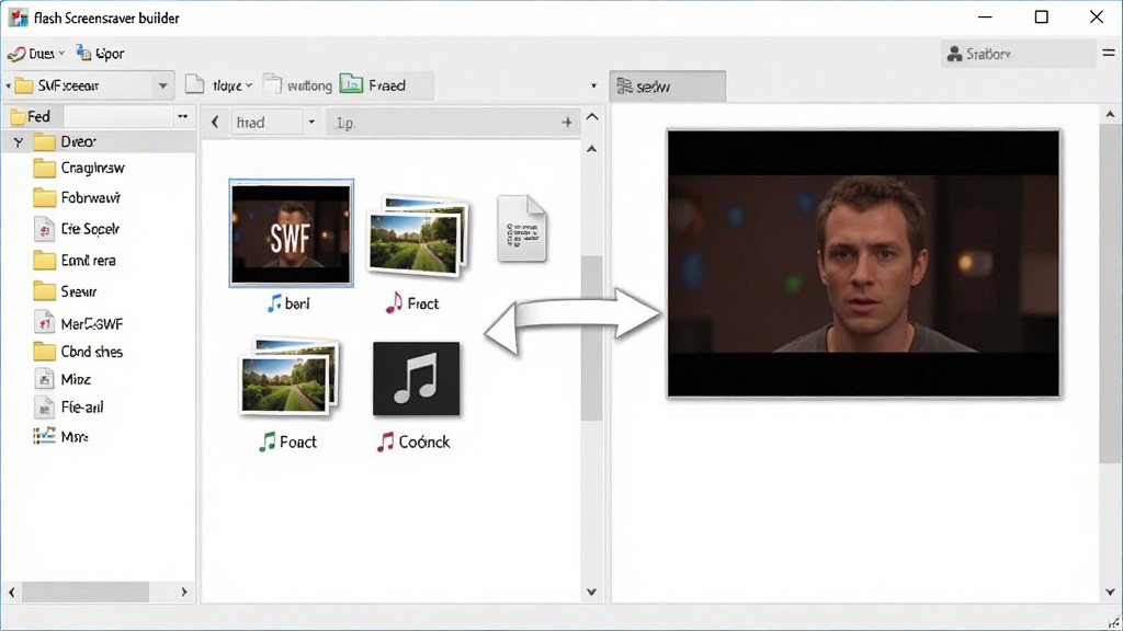 flash screensaver builder 素材集成界面截图,展示从文件夹拖拽SWF动画、图片和音乐文件到软件素材库的过程,界面采用浅色简约风格,有明确的文件列表和预览区域,整体布局清晰,画质干净,无多余元素