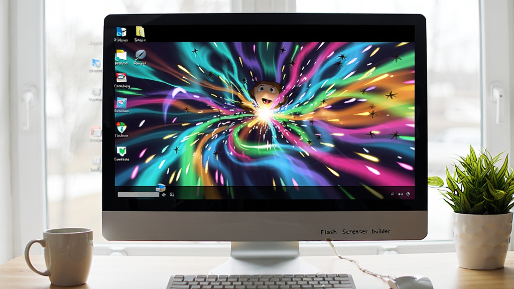 flash screensaver builder 预览功能运行图,电脑屏幕上正在全屏播放一个绚丽的Flash动画屏保,桌面图标隐去,画面色彩鲜艳,动画具有动感,电脑旁边有咖啡杯等装饰,整体氛围轻松,画质高清,无多余元素