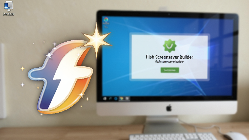 Flash屏保制作大师(flash screensaver builder)安装完成后的桌面图标特写,图标为彩色闪光形状,背景虚化,旁边有一台显示着成功安装提示的电脑屏幕,画面清晰,光线柔和,无多余元素