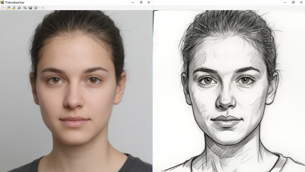 FotoSketcher软件处理一张人物肖像照片,左侧为原图,右侧为铅笔素描效果,人物面部轮廓清晰,笔触细腻,背景简洁,整体风格干净,画质高清,无多余元素