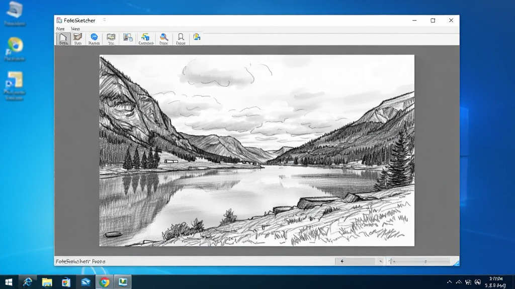 FotoSketcher软件运行在Windows桌面上的截图,背景为系统桌面,软件窗口显示一张风景照片的素描效果,界面清晰,画质细腻,干净无多余元素